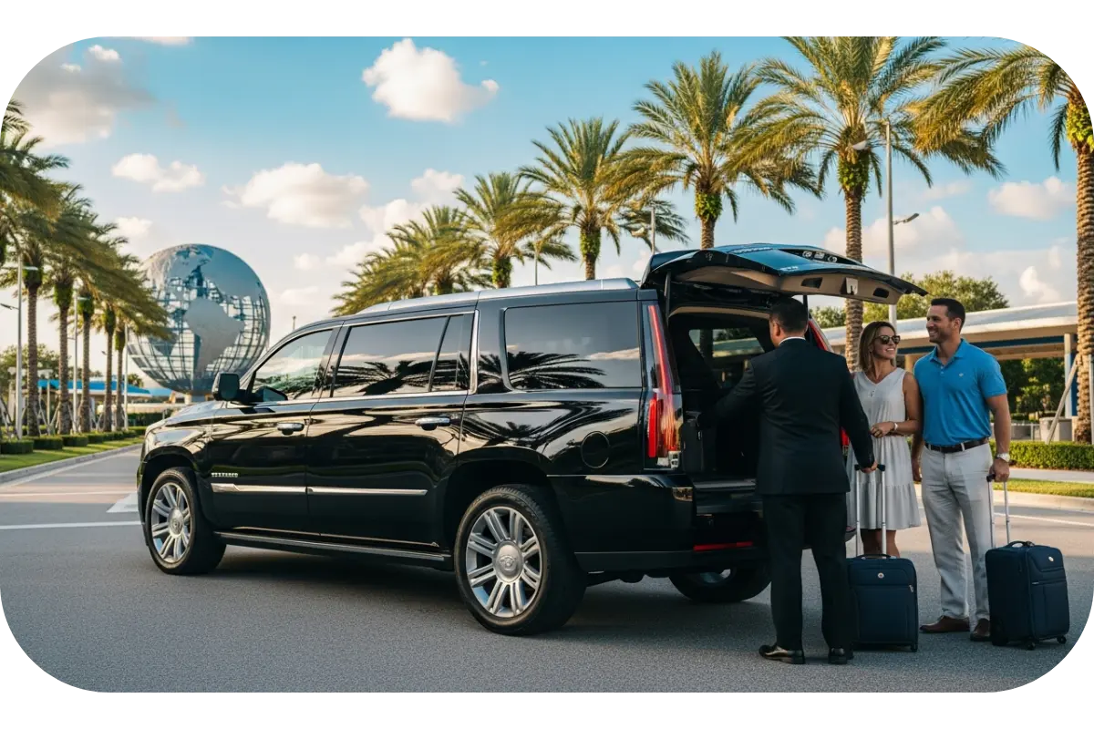 Luxury black car service arriving near Universal Studios Orlando entrance with private chauffeur assistance