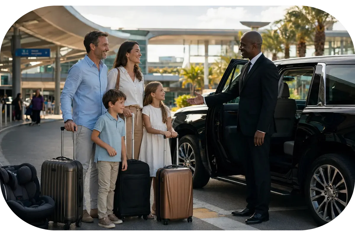 Luxury transportation for families in Orlando outside MCO Airport terminal