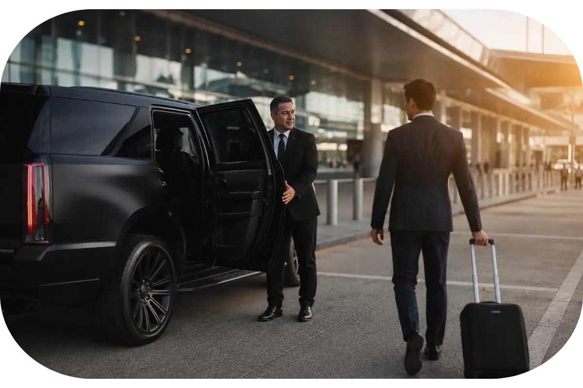 Executive black car service Orlando airport chauffeur opening door for business traveler