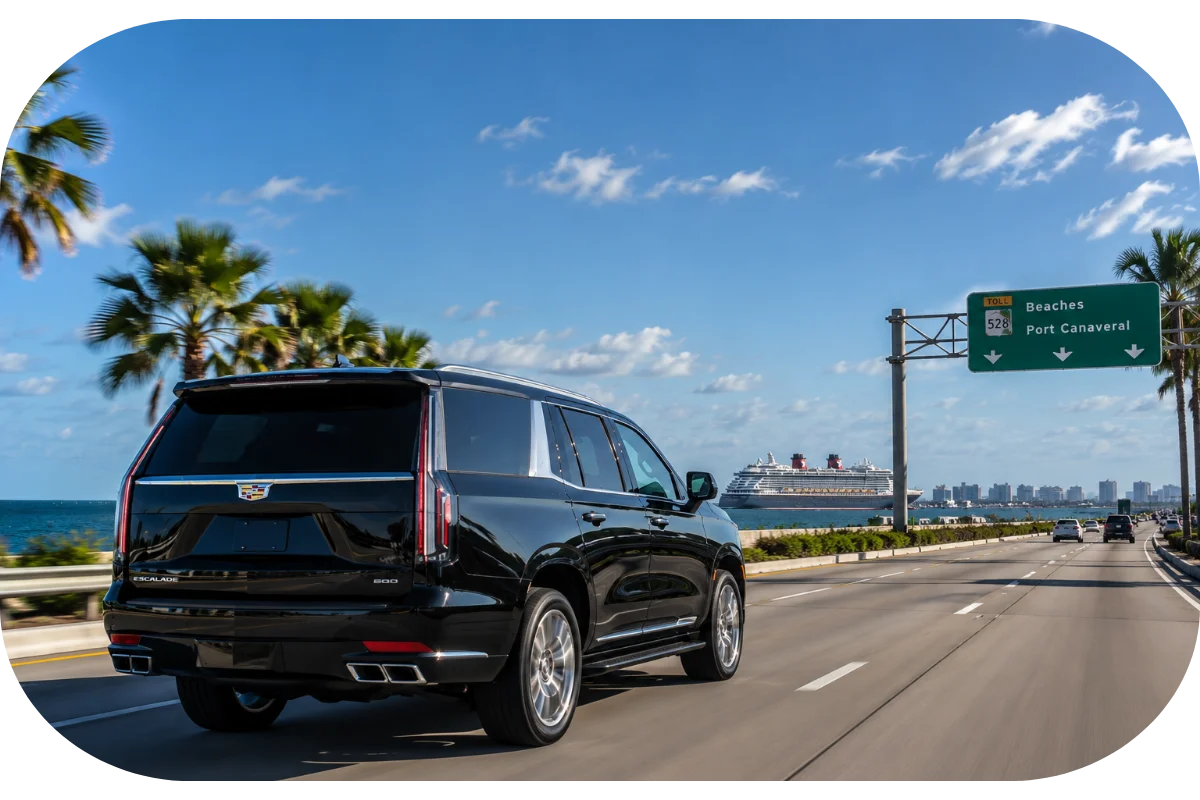 Luxury SUV driving the direct route from Orlando airport to Port Canaveral cruise terminal